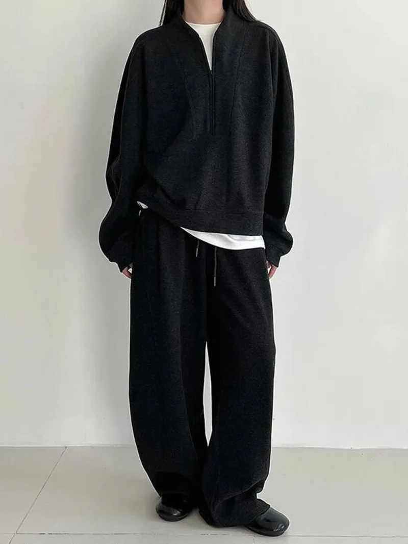 Winter New Autumn Old Money Style Woemn's Two-Piece Set Loose Brushed Zipper Sweatshirt And Curved Knife Pants 27SIE