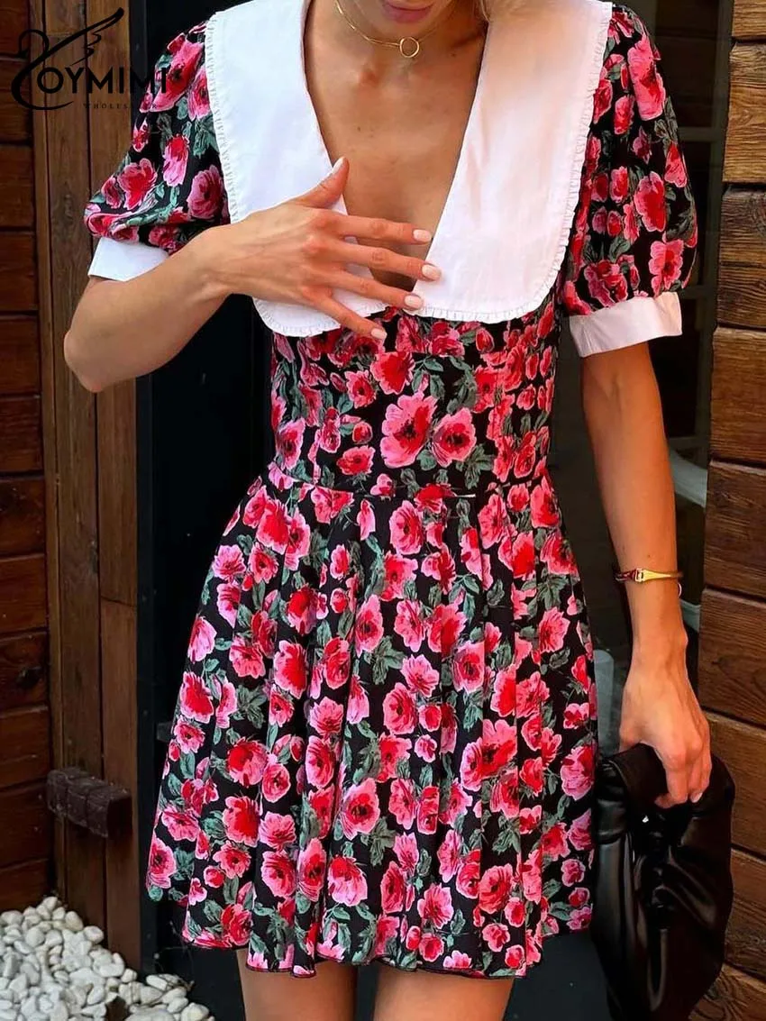 Oymimi Fashion Red Print Women\'s Dress Elegant Short Sleeve Patchwork Peter Pan Collar Dresses Casual New Pleated Mini Dresses