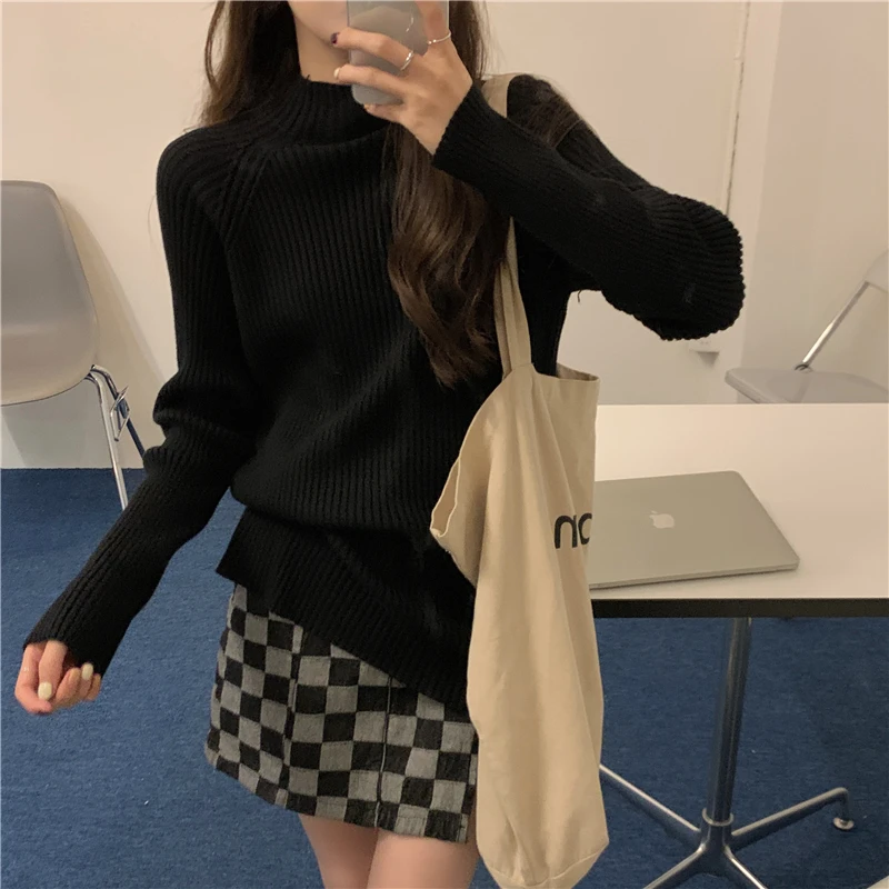 Suéter de punto ueso de longitud media, estilo plón ark Base, ible con botas largas, cuello medio alto, cálido ...