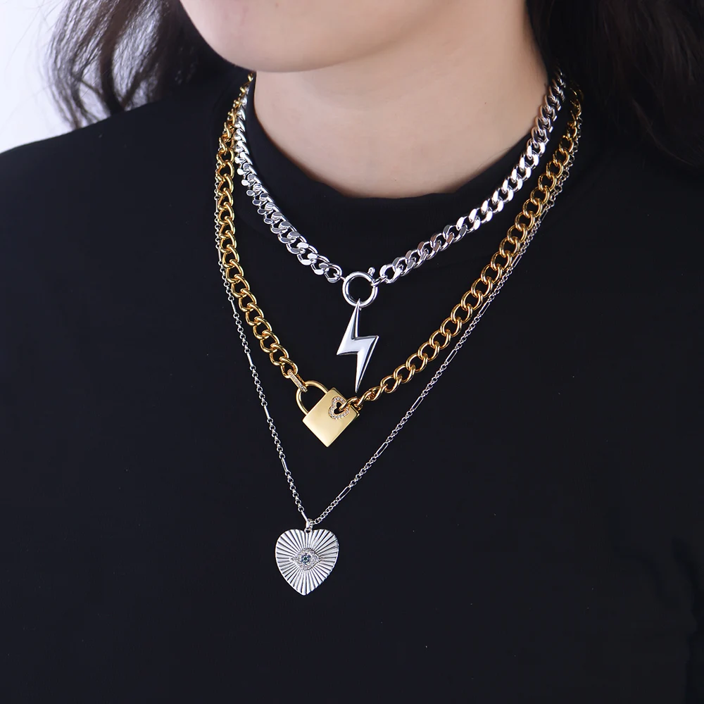 western religious heart necklace jewelry brass Rhodium 18k gold plated Cubic Zirconia evil eye Sweater Chain Pendant Necklaces