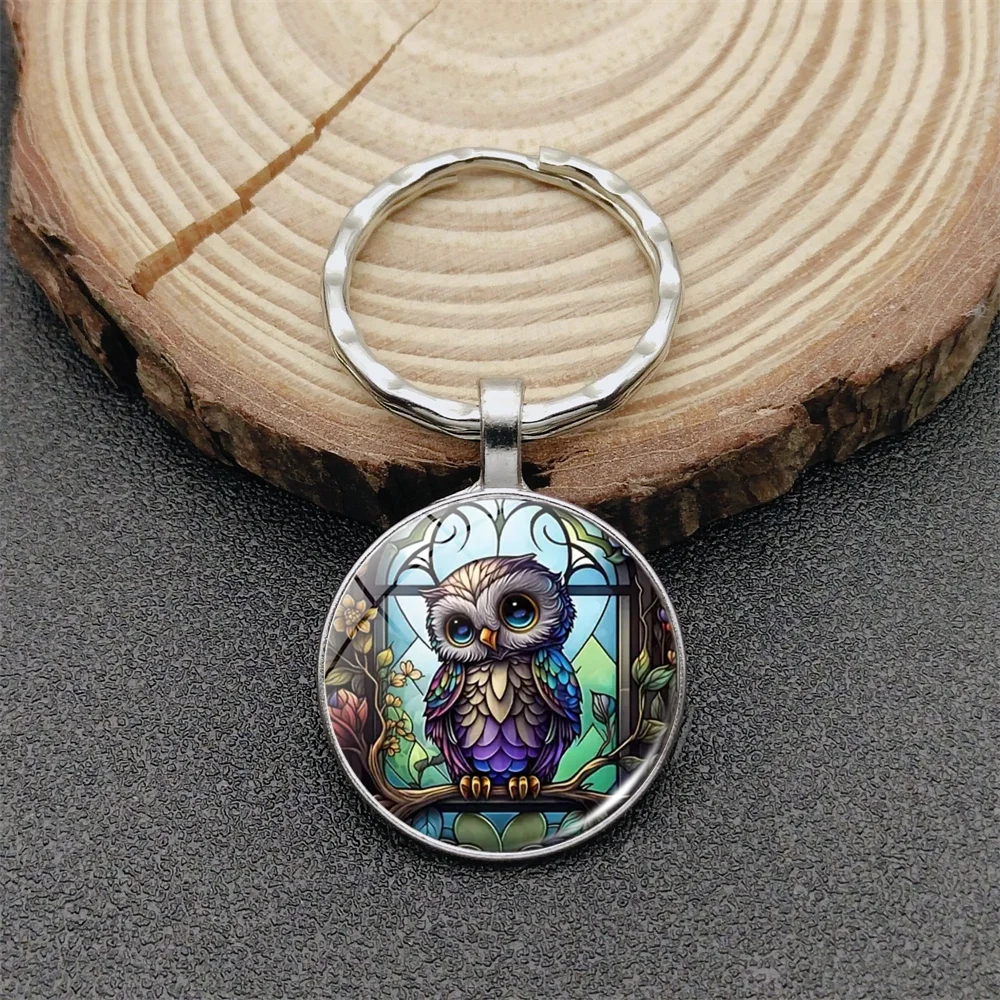 1pc Owl Pattern Time Gem Round Creative Glass Pendant Keychain For Men Women Gift