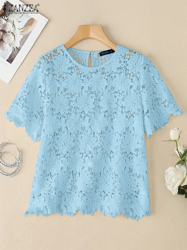 

2025 Elegant Summer Hollow Out Blouse ZANZEA Bohemain Holiday Shirt Women Short Sleeve Lace Crochet Tunic Tops Casual Blusas