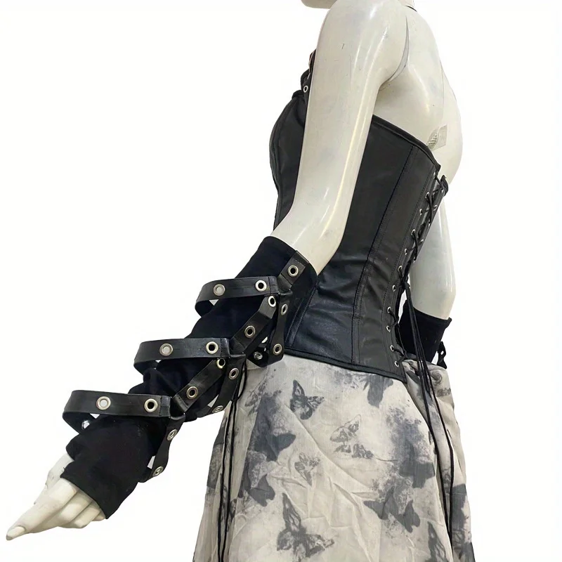 Luvas femininas de PU – Anel – Mangas de braço estilo escuro adornadas, ideais para primavera/verão, dança de rua e roupas da moda ​