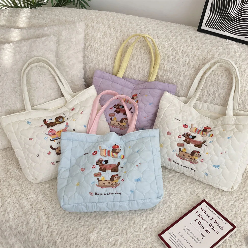 Cute Quilted Tote Bag Women 3D Cartoon Dog Cat Embroidery Soft Padded Handbag Kawaii Bento Bag