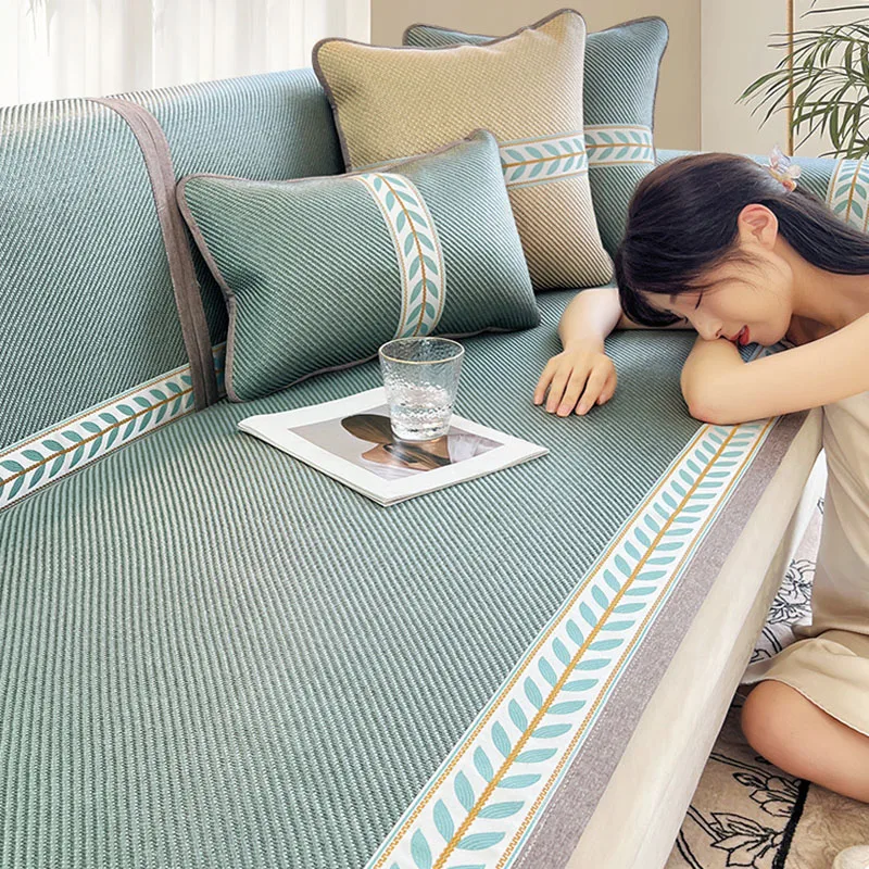 Skin-Friendly Wormwood Sofa Mat for Summer Soft Non-Slip Corner Couch Covers with Straps Cozy Dustproof Twill Home Accessories