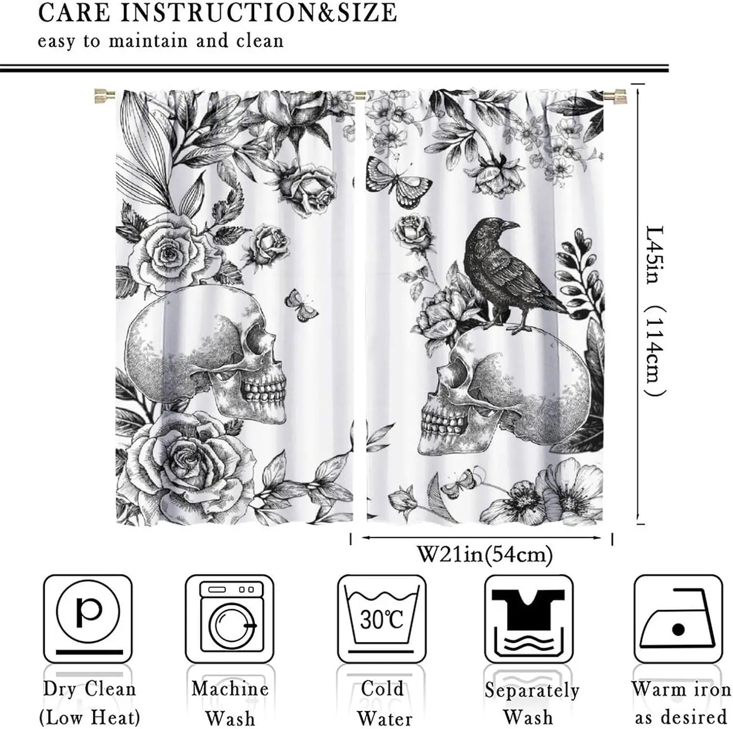 Vintage Dark Floral Skull Curtain Black Base Peony Rose Hydrangea Skeleton Pattern Drape For Game Room Alternative Gothic Home