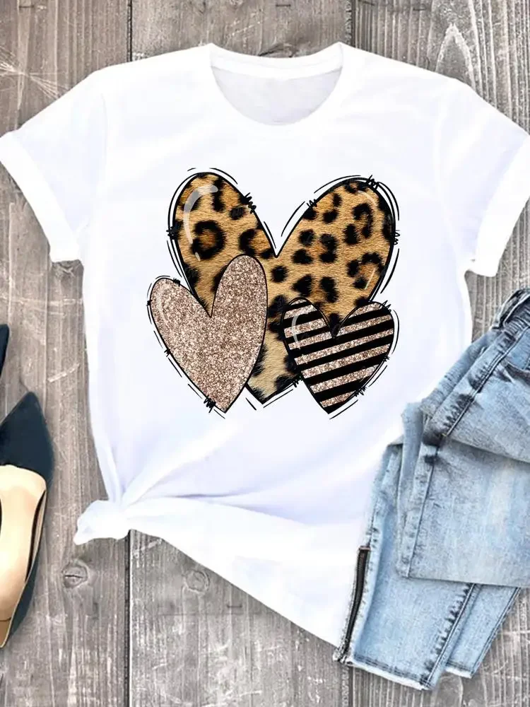 Summer leopard love heart t shirts sweet Fashion Women Tee T-shirts Casual Short Sleeve Regular Female Graphic T Shirt Clothes