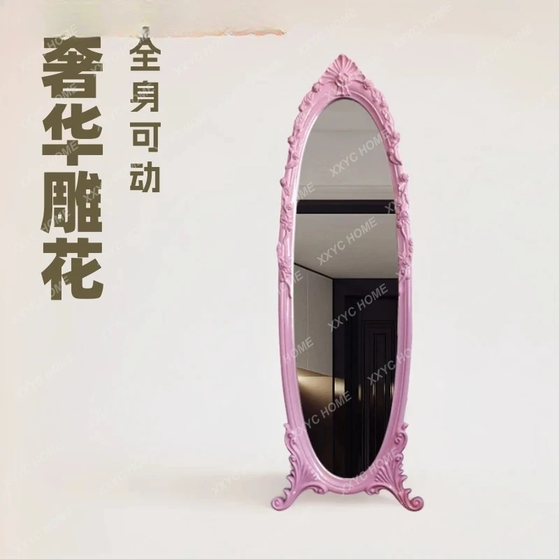 

retro luxury carved home horizontal movable full body floor full-length mirror ins wind