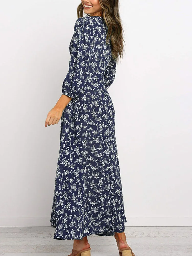 Women Summer Elegant Floral Print Maxi Dress 2022 Boho Three Quarter Sleeve V Neck Casual Office Long Dress Beach Robe Tunic