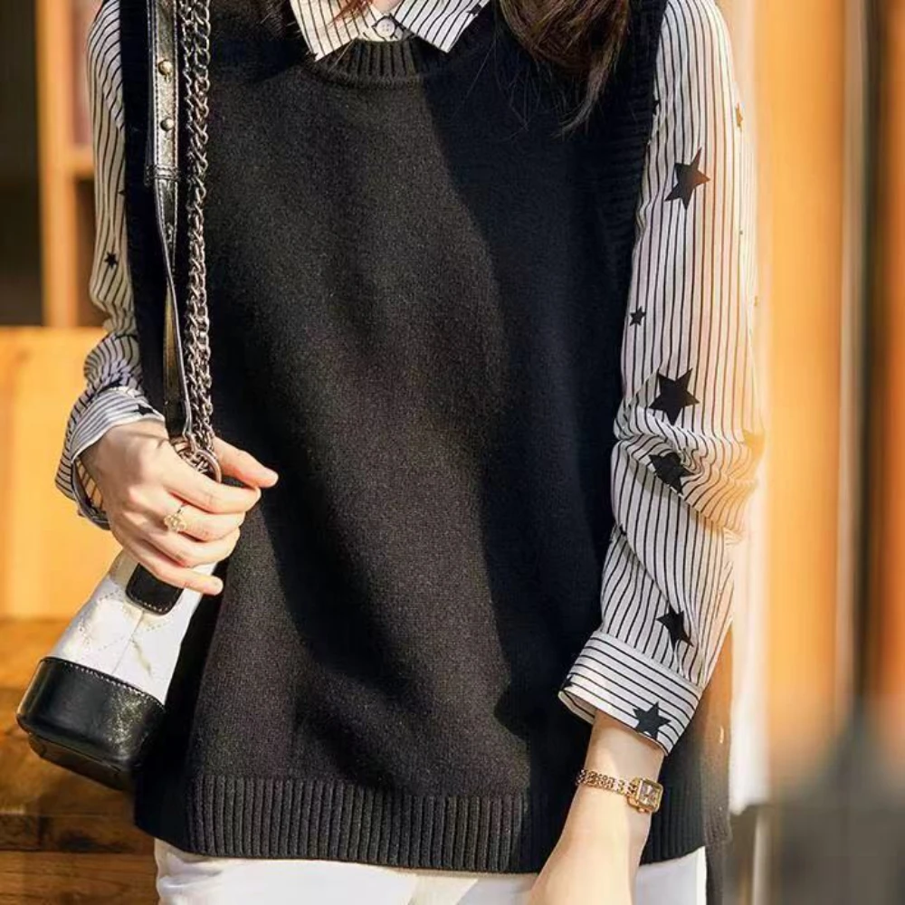 Sweater Cardigan O-neck Sleeveless  Women Autumn Winter Top Solid Sweater Knitted Vest Commuter Style Clothes Preppy Look 2023