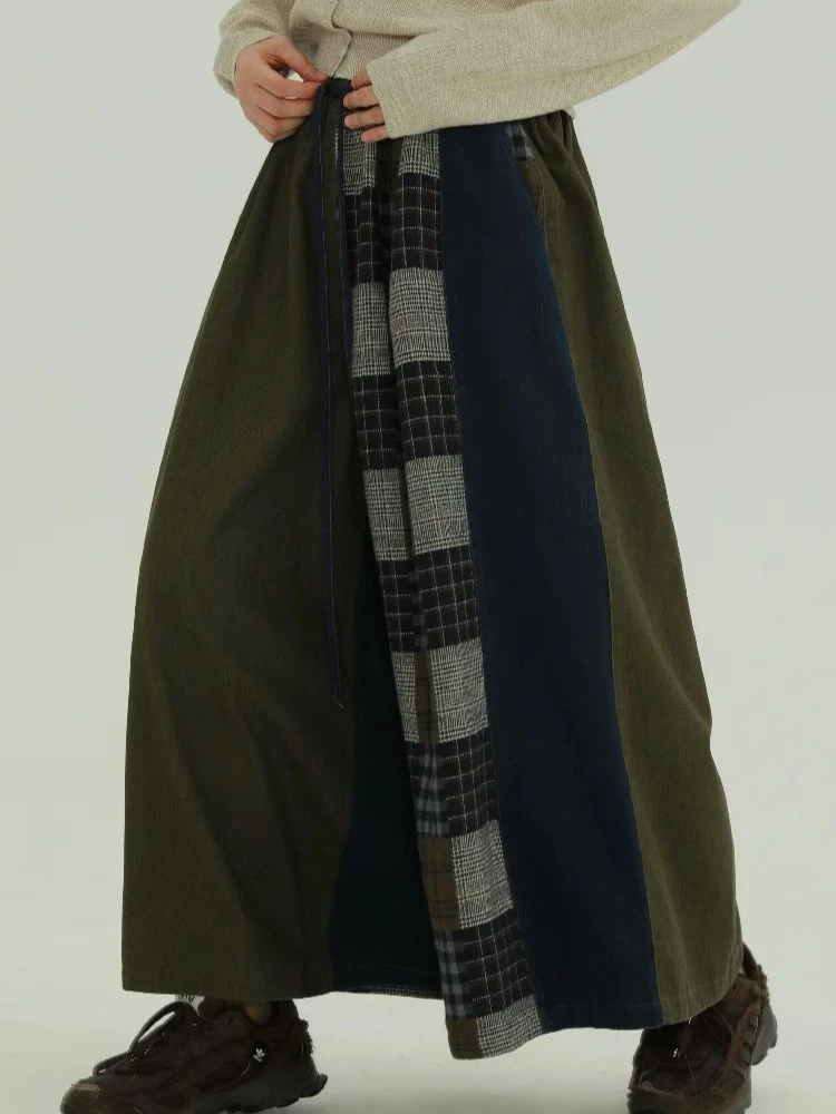 

Japanese style artistic retro women's checkered splicing wide leg pants autumn and winter retro spicy feeling casual niche pants