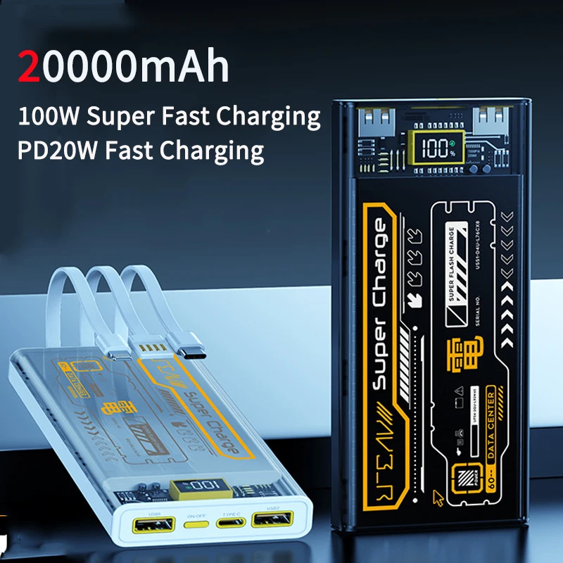 

New Power Bank 20000mAh 100W Super Fast Charging Portable External Battery Charger for iPhone Huawei Xiaomi Powerbank With Cable