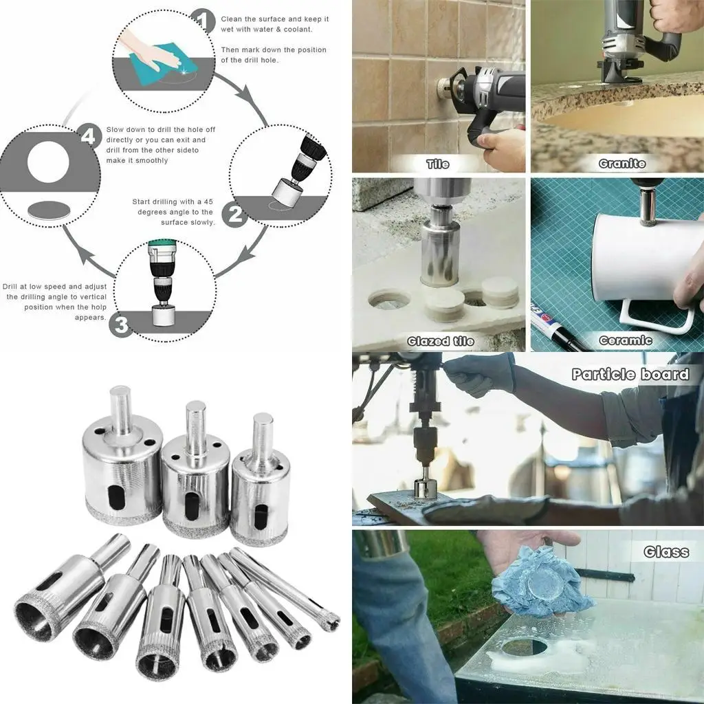 10Pcs Steel Diamond Tools Sets for Ceramics Tiles Grit Hole Silver