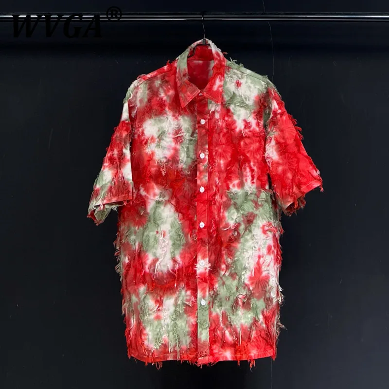 

WVGA Весна Лето Новые мужские рубашки Tide High Street Tie-Dye Design Модные рубашки с короткими рукавами Панк Нишевые шикарные повседневные рубашки Топы W8627