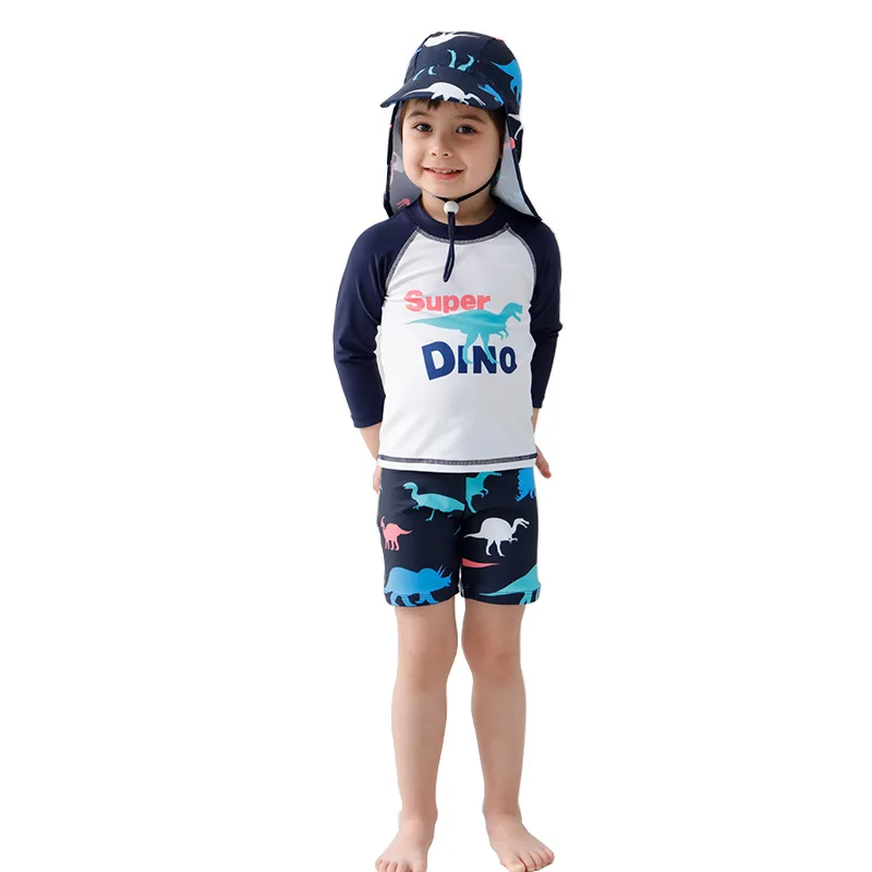 

2-14Y Toddler Child Kids Dinosaur Print Boys Split Two Piece Swimsuit Quick Dry Sunscreen Long Sleeve Rashguard With Sunhat 3pcs