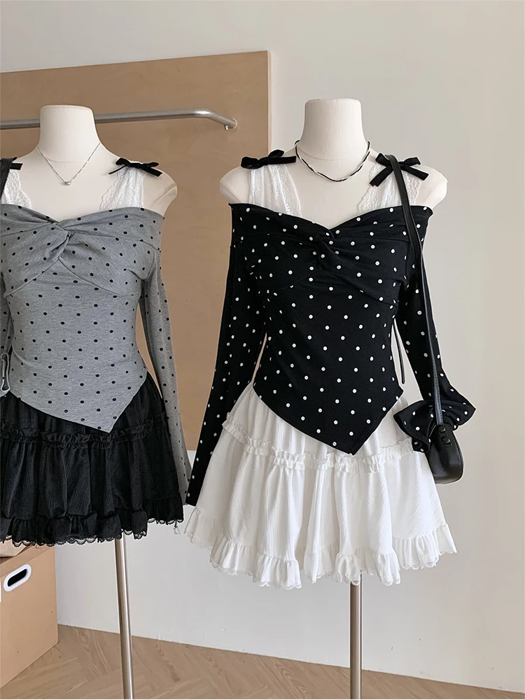 Fall Women Ballet Core Gyaru Design Polka Dot Crop Top Long Sleeve T-Shirts Y2k Coquette 2000s Aesthetic Shoujo Lace Bow Kpop