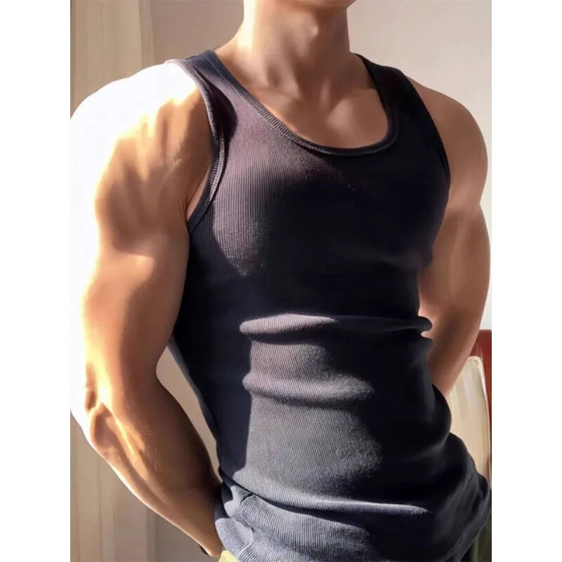 Men's Sports Tank Tops Compression Vest Cotton Elastic Breathable Threaded Vests Men Fitness Gym Workout Tight Undershirt Male