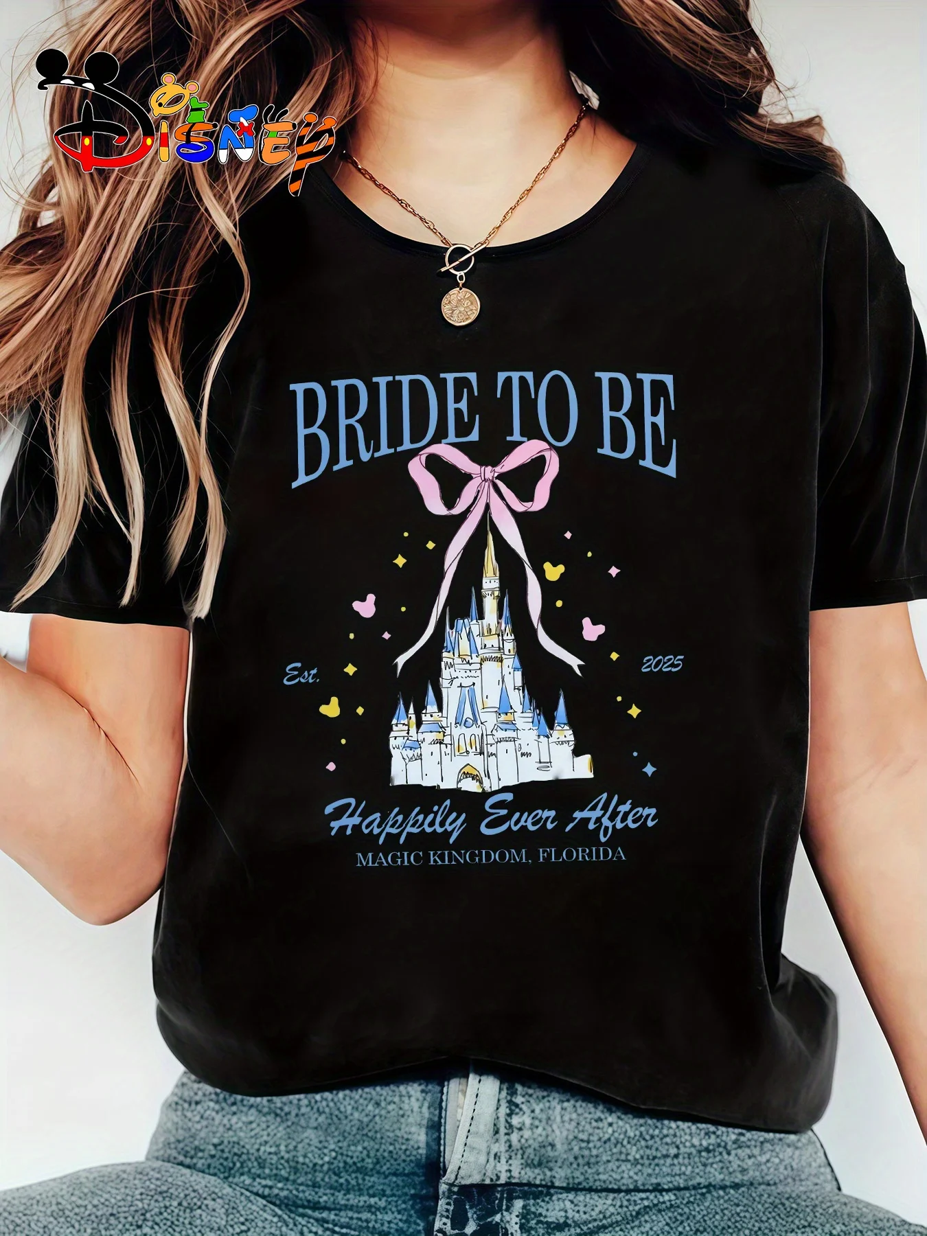 

2025 Disney Pattern Printed Women's Casual Comfortable Unique Smiling Face Black Round Neck Short Sleeve T-shirt