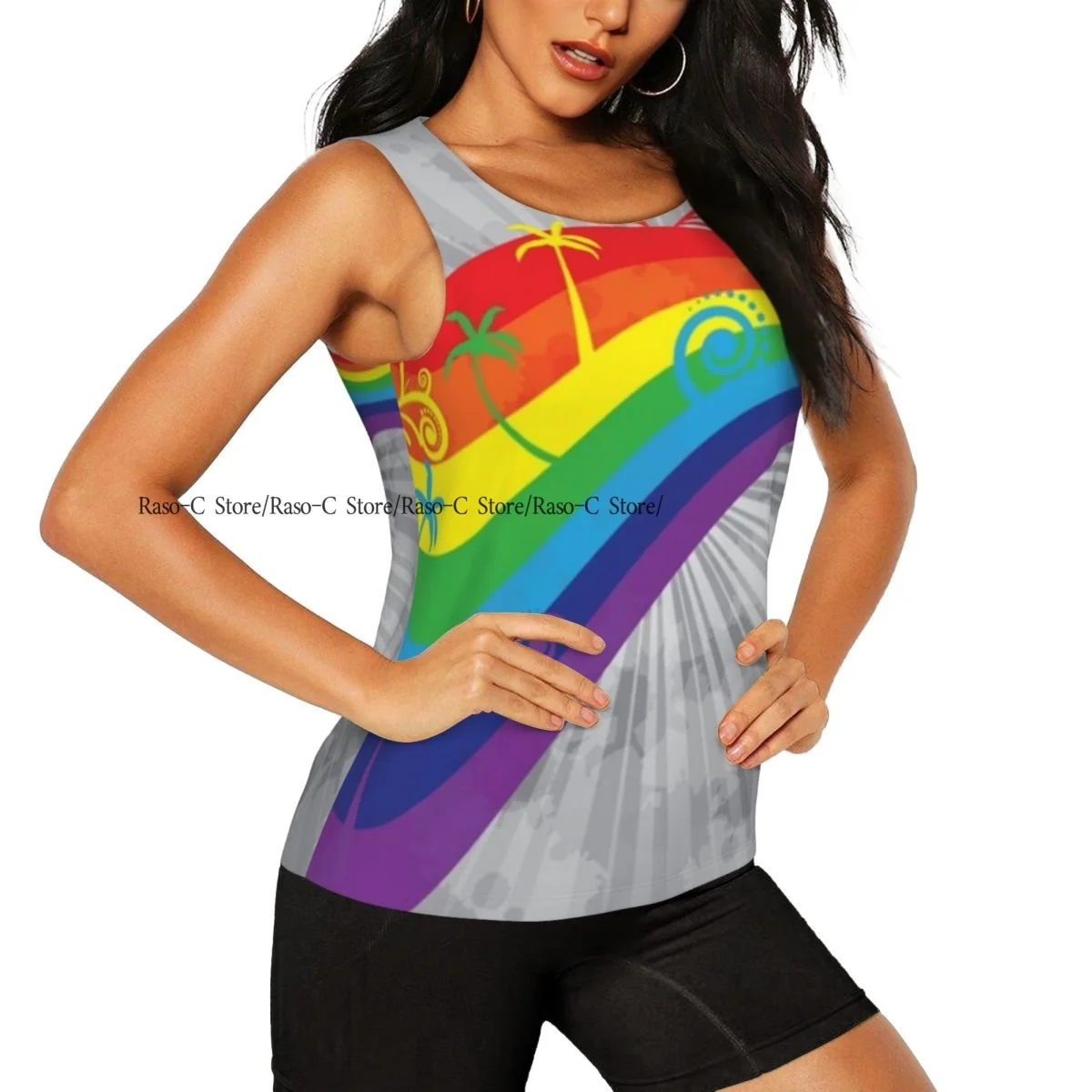 Women Fitness Sexy Yoga Vest Colorful Palms And Rainbow Gym Sports Top Tank Female