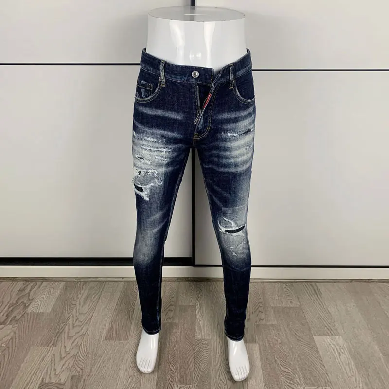 Men Retro Dark Blue Gradient Fade Heavy Distressed Hole Elastic Slim Denim Jeans Urban Punk Casual Fashion Denim Jeansy2k