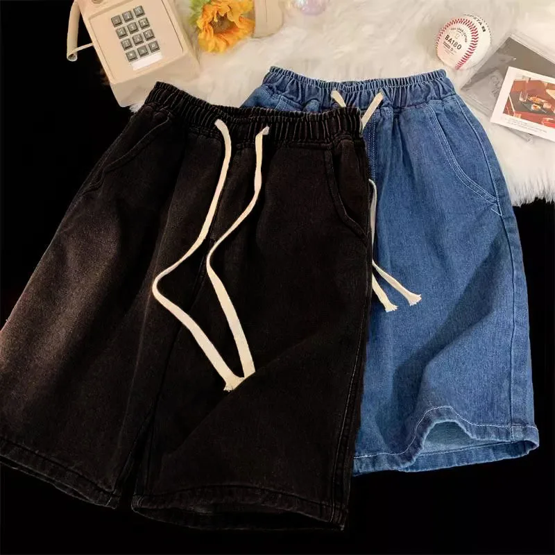 High Waist Black Retro Washed Denim Shorts Women's Harajuku Vintage Fashion Casual Loose Y2K Streetwear Mid Long Wide Leg Pants