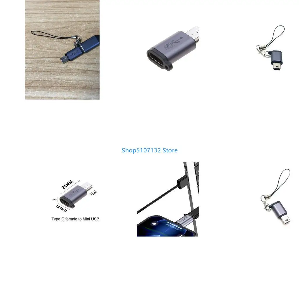87HD Portable Converter USB C to Mini USB Conversion Adapter with Anti-lost Chain Rope Data Transmission Connector Adaptor