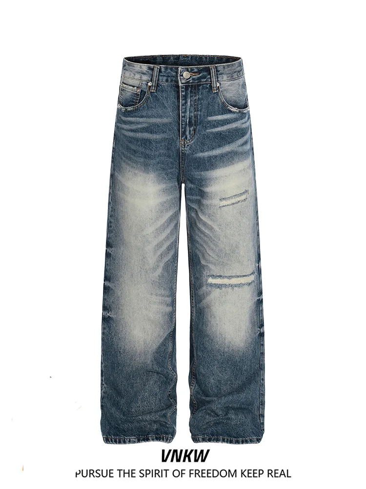 

Американские ретро-джинсы с эффектом потертости, рваные, с пэчворком, выбеленные, широкие, мужские, свободные, прямые, повседневные, длинные брюки, комфортная посадка