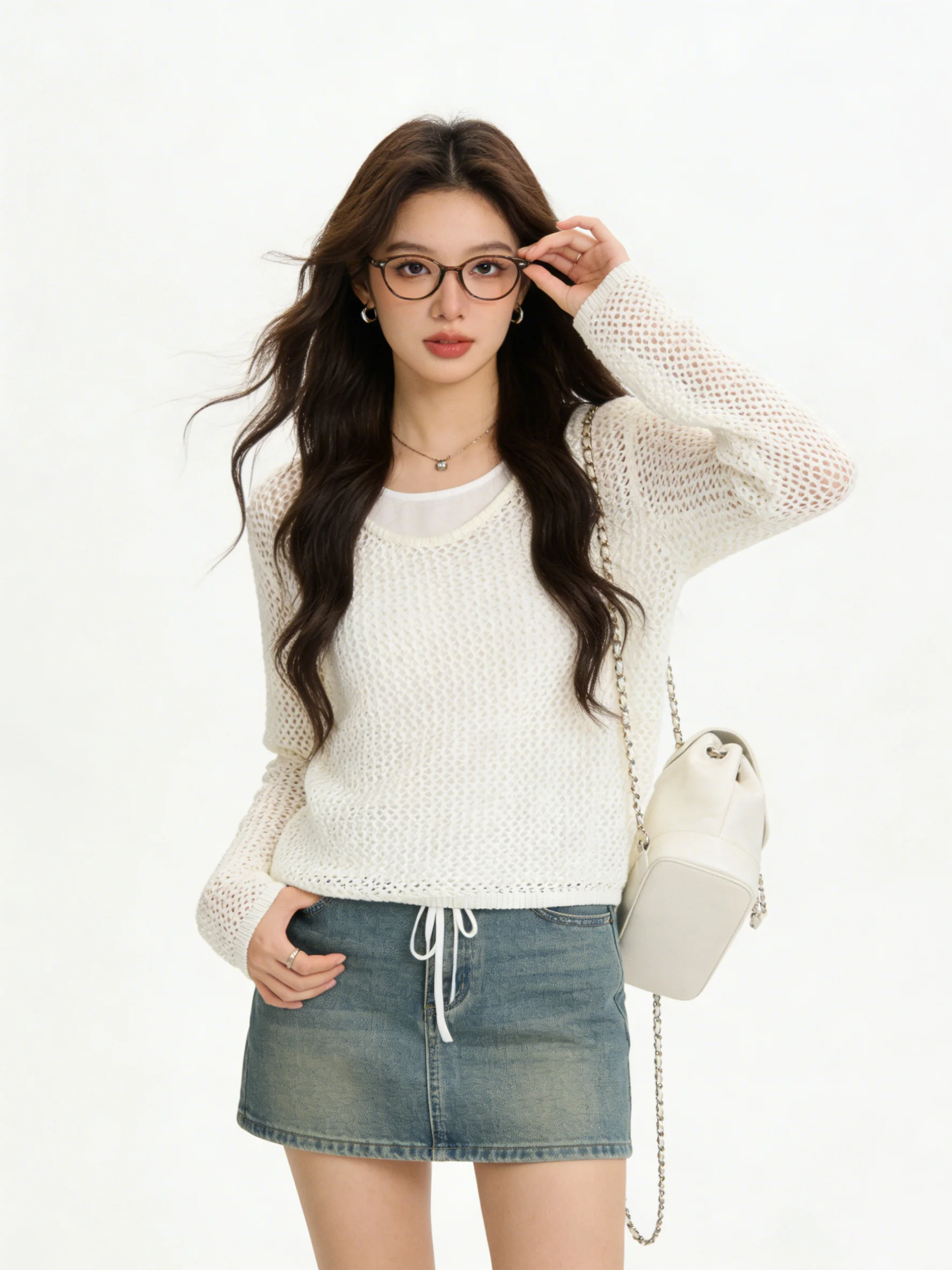 

Летний антивозрастной комплект из двух предметов: жилет с кружевной отделкой и поясом, топ с длинными рукавами и вырезами, защита от солнца, повседневный стиль, женская мода