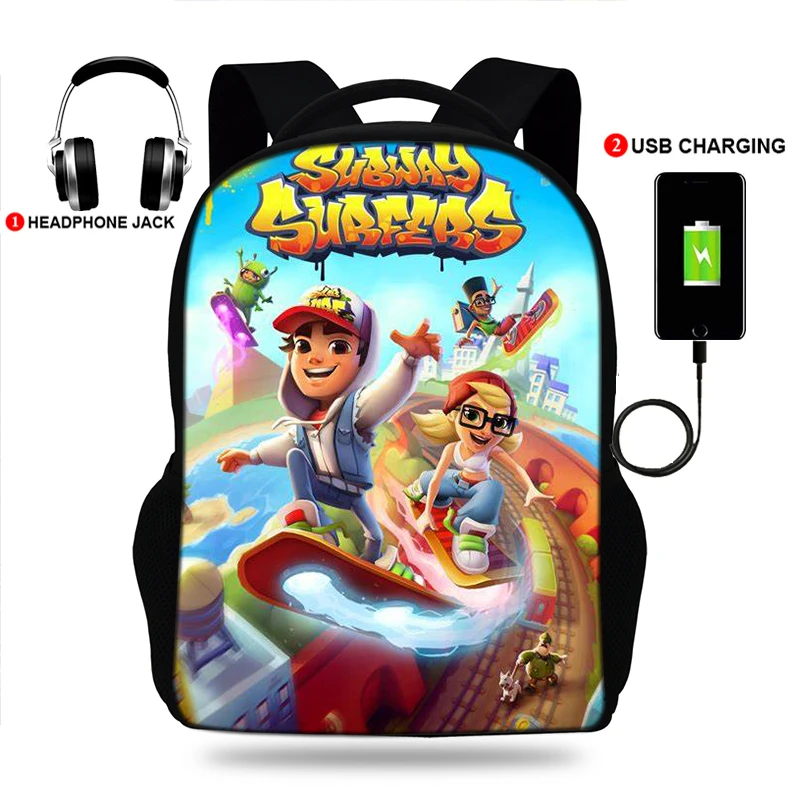 17inch Subway Surfers Game Girls &Boys Backpack Oxford USB Charge Travel Backpack Middle School Students Schoolbag