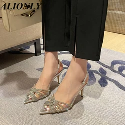 Alionly 2023 New Summer Shoes for Womens Pointed Toe Stiletto Rhinestone Transparent Hollow Single Shoes chaussure femme