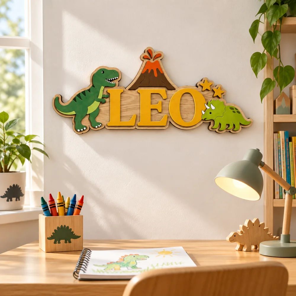 Personalized Dinosaur Wooden Name Plaque, 2 Layer 3D Raised Custom Name Sign, T-Rex Volcano Triceratops Decor, Kids Wall Hanging