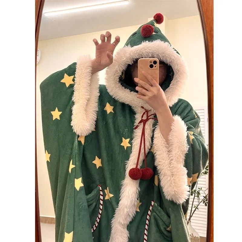 2025 Winter Cute Green Christmas Star Pajamas Snowman Nightgown Thick Flannel Cartoon Suitable Home Wear Nightgown