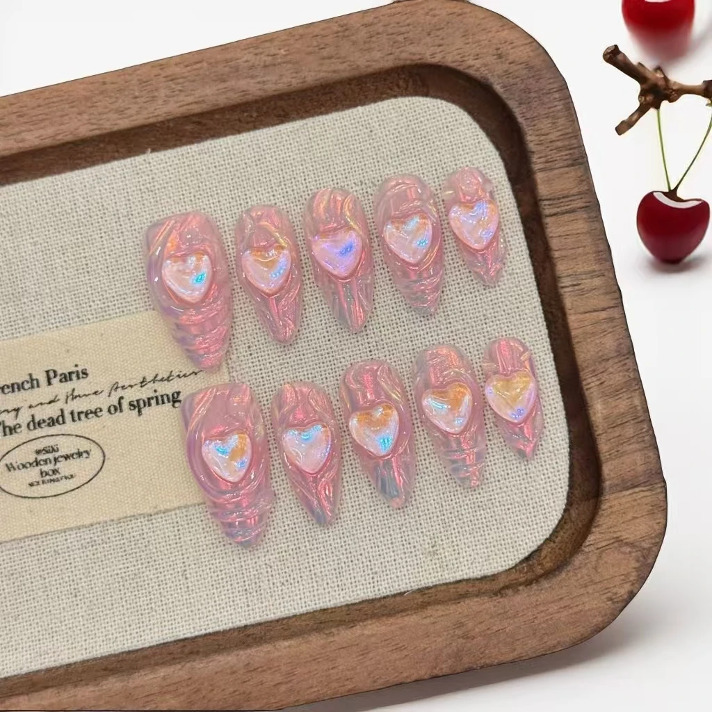 

10PCS Bubble Aurora Pink Angel Y2K Flashy Handmade Press On Nails Glamorous Nail Art for Girls With 4-PIECE Tools Adhesive Tabs