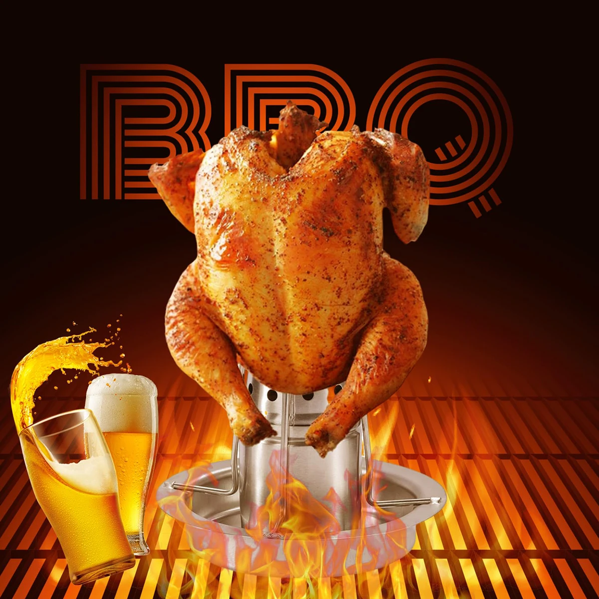 

Chicken Roaster Stand Stainless Steel Beer Can Vertical Chicken Holder with Drip Pan Upright Chicken Barbecue Rack for Grill