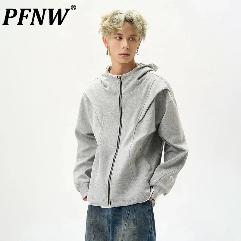 

PFNW Deconstruction Splicing Zipper Cardigan Hooded Sweatshirt Men's American High Street Solid Color Autumn Coats Chic 28W5025