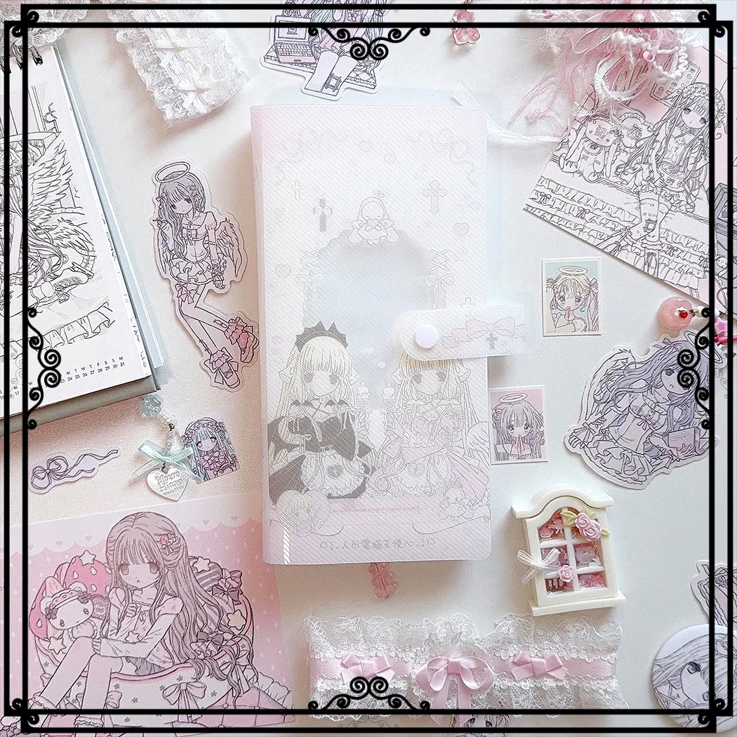 Sweet Lolita Girl Design PP Sticker & Postcard Binder, Fixed Page Long Strip Kawaii Collection Album for Journaling & Kpop Goods