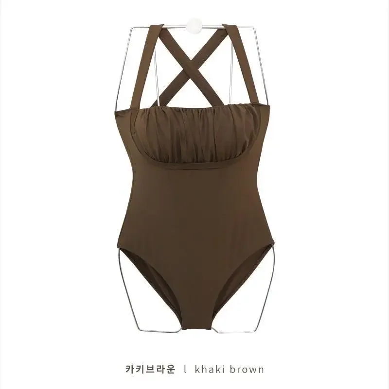 2025 สีขาว One Piece ชุดว่ายน้ําผู้หญิงชุดว่ายน้ําเซ็กซี่ Bandeau ชุดว่ายน้ําเกาหลี Slimming Bodysuit Beach สวมชุดว่ายน้ํา