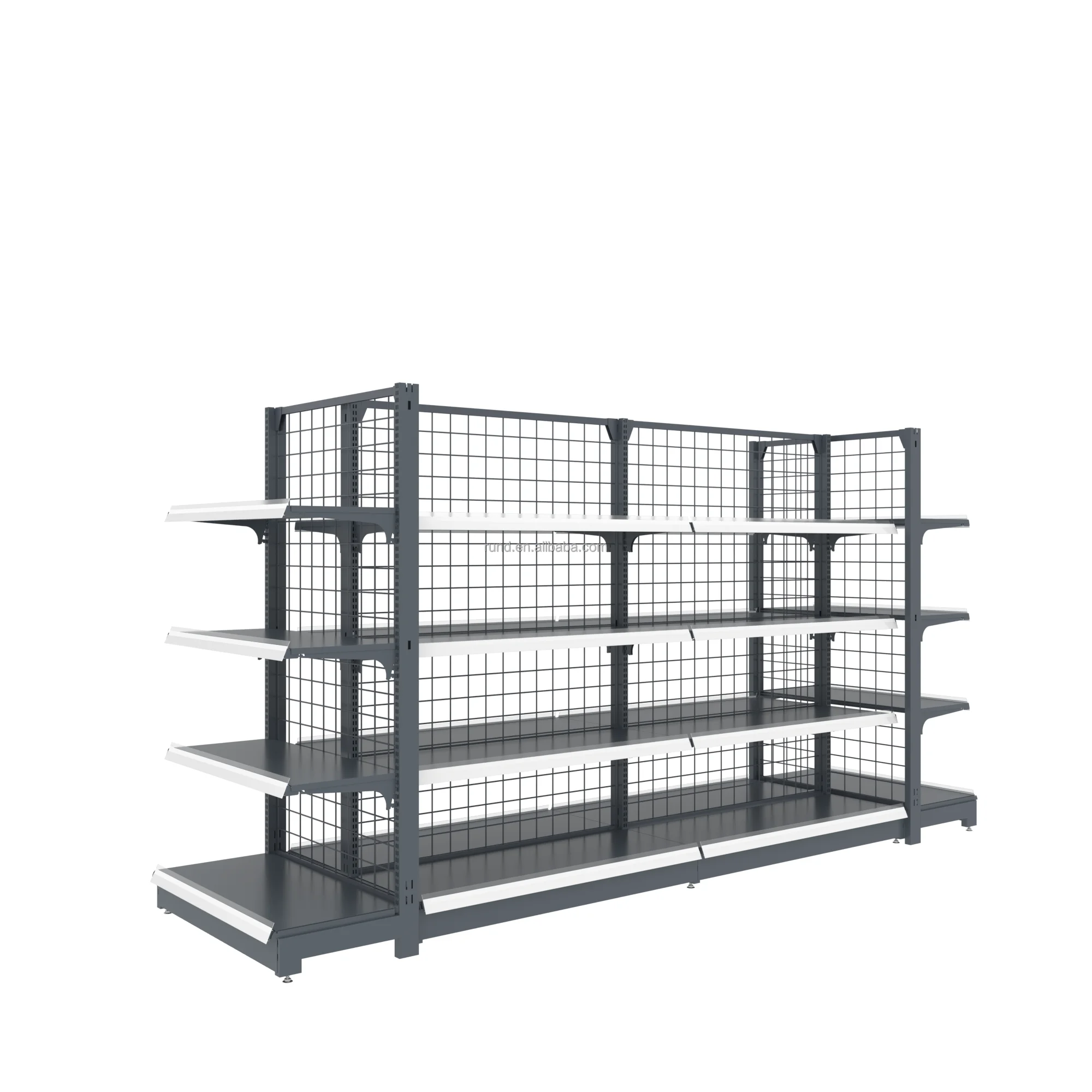 Metal Double-Sided Light Duty Freestanding Gondola Supermarket Shelves Beverage Display Shelves Back Mesh Custom Size