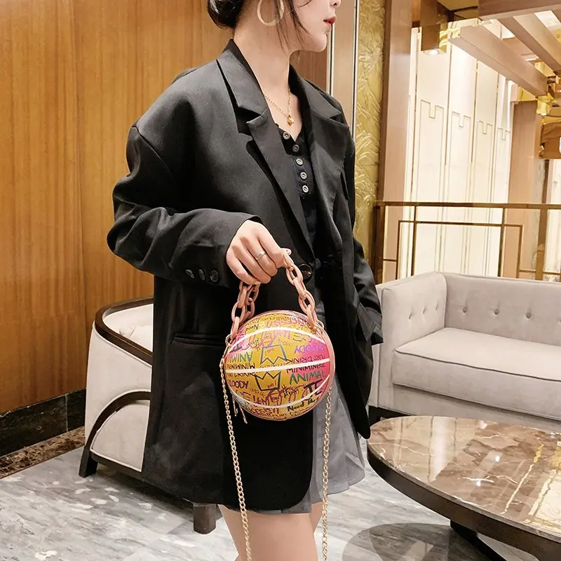 Personality Graffiti Round Ball Bag For Women 2024 PU Leather Crossbody Acrylic Chain Handbags and Purses Female Basketball Bag