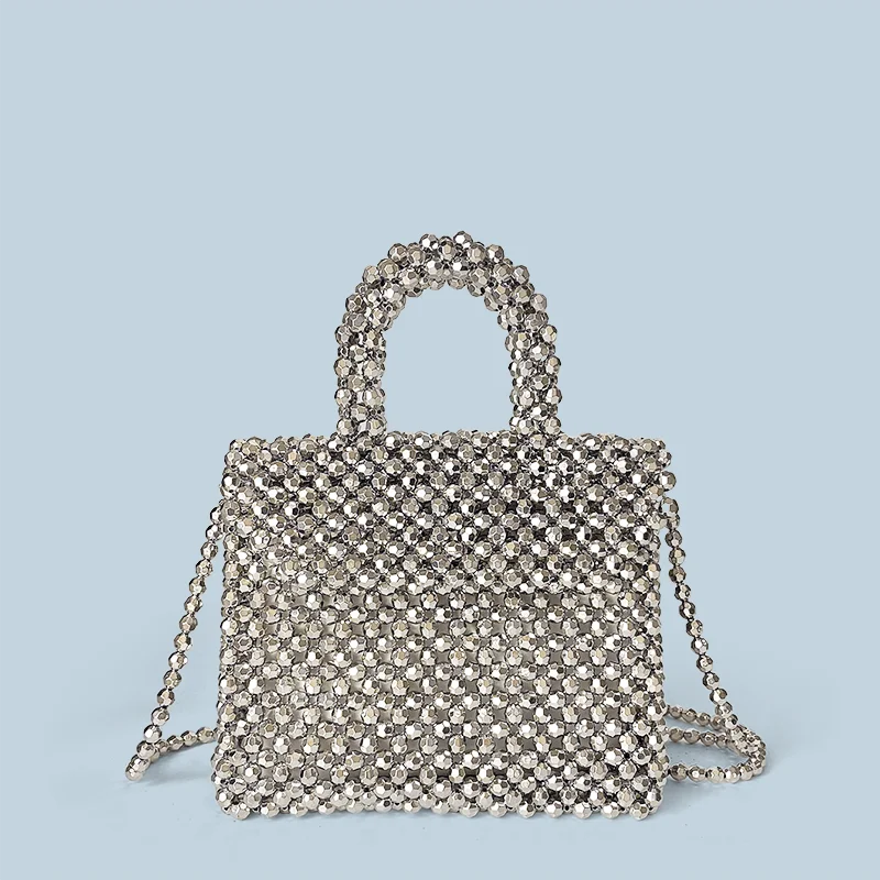

European and American style niche design pure handmade silver woven bead hand-held dinner women's bag
