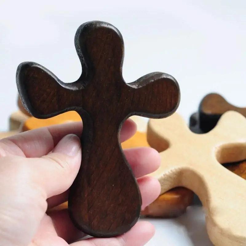 E74E 3 Colors Solid Wooden Cross Hand-Drawn Cross Wood Handicraft Ornaments Cross Hand-Held Cross Large Communion Gift