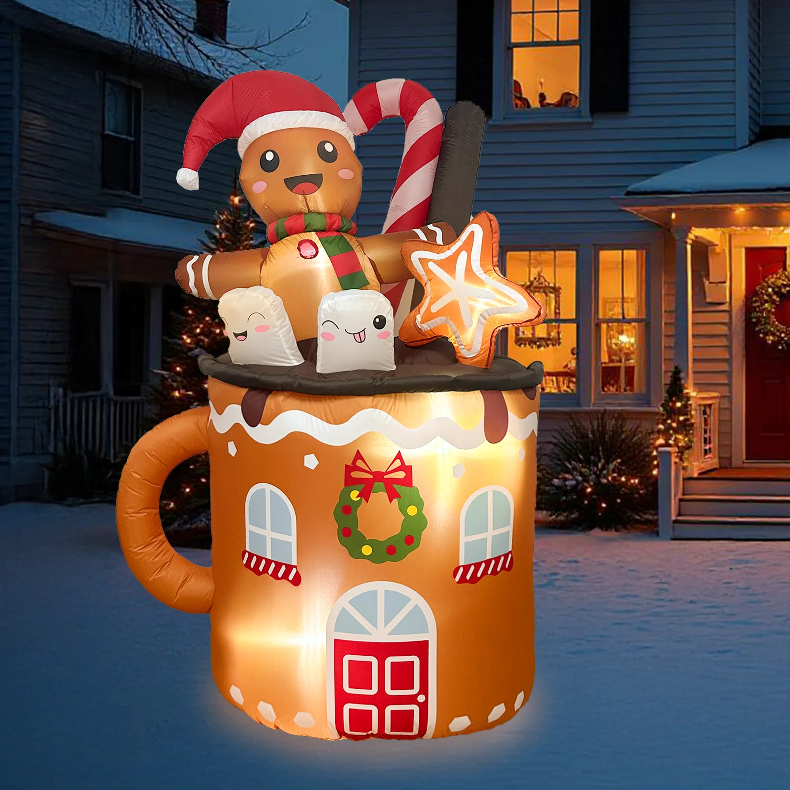 Image of 6 Fuß große aufblasbare Weihnachtsdekoration für den Außenbereich, aufblasbarer Lebkuchenmann mit heißem Kakaobecher, aufblasbare Weihnachtsdekoration für den Garten