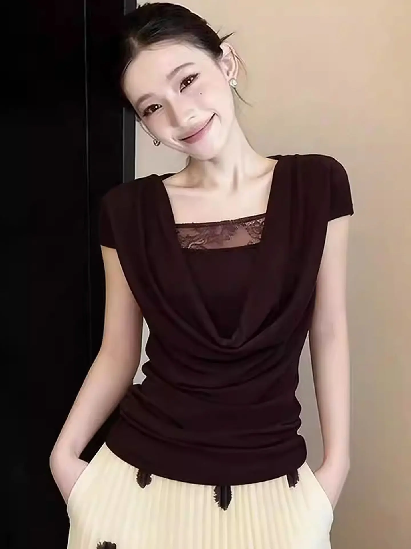 

Fashionable Lace Splice Short Sleeve T-Shirt Women's Slim Fit Style Commute Korean Version Summer Top Elegant Shirt