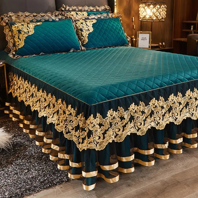 Gold Embroidery Velvet Quilted Thicken Bedspread Queen King Size Soft Warm Lace Ruffle Bed Skirt 2 Pillowcases 200x220 Green