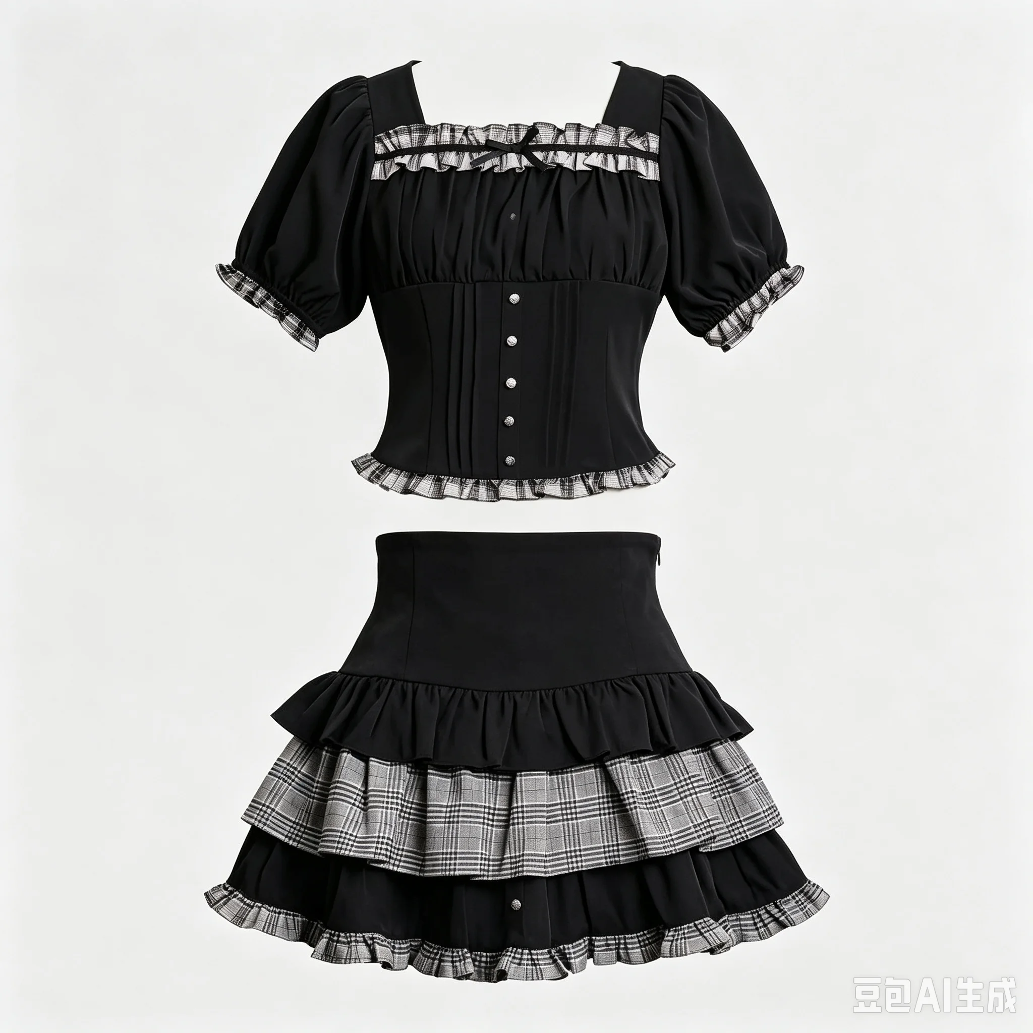 Women's Two Piece Sets Japanese Style New Plaid Patchwork Square Collar Short Sleeved Top Multi-layer Cake Skirt Set