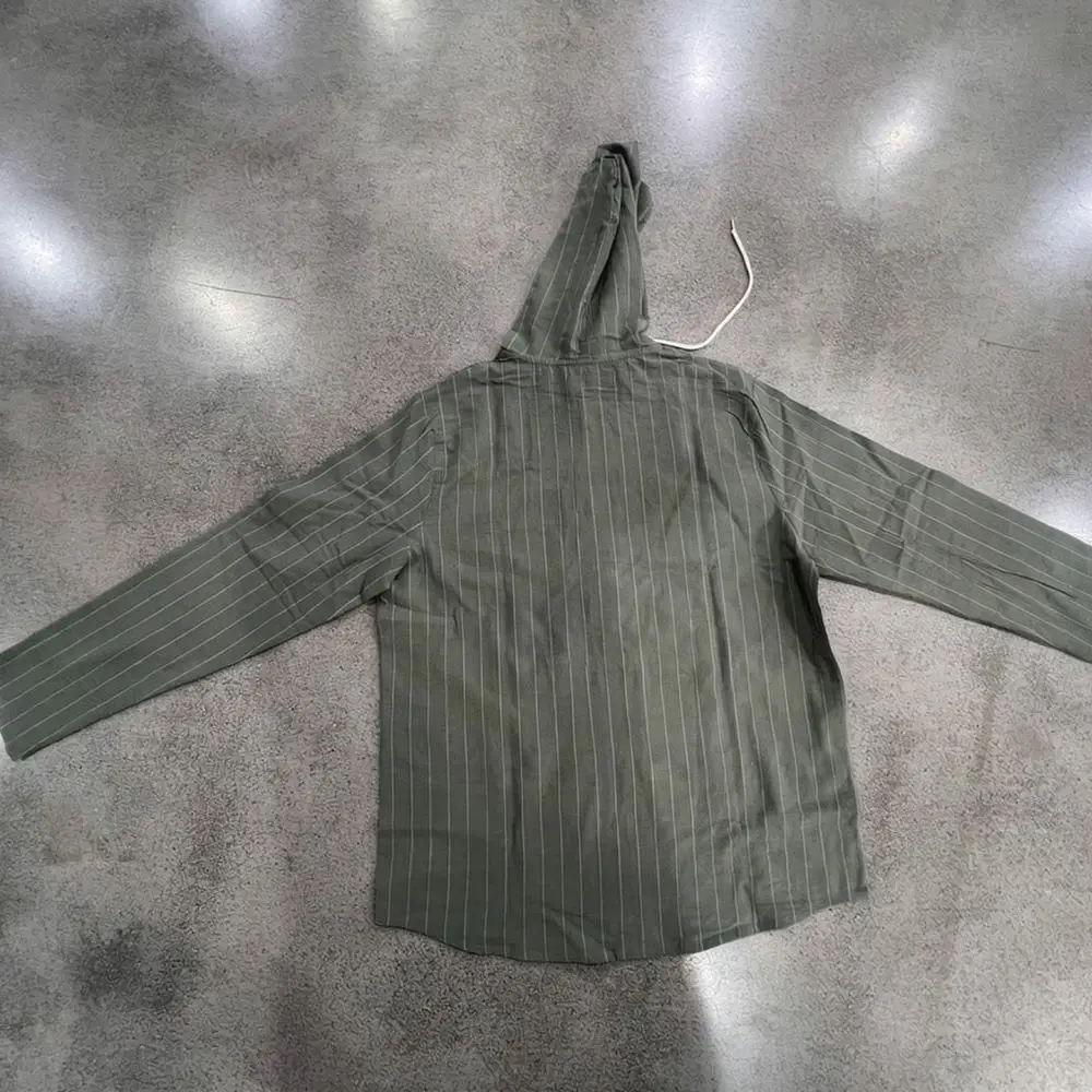 Mens Fashion Hooded Linen Shirt Striped Long Sleeve Casual Breathable Spring Autumn Tops Comfortable Streetwear Pullover