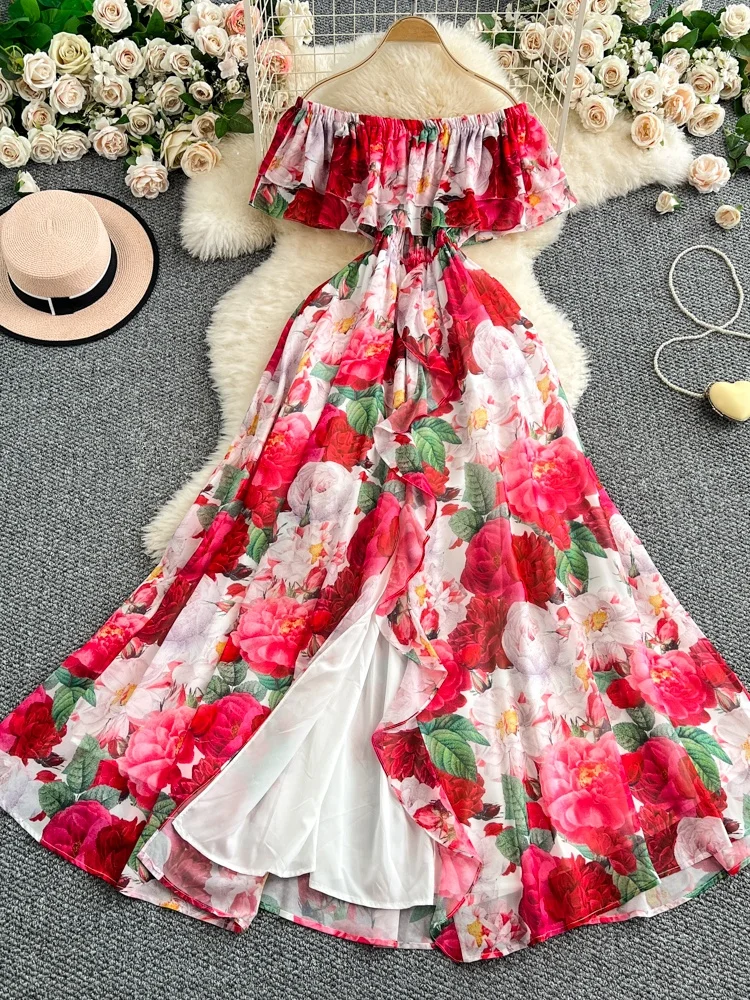 

Summer New Women's High Waist Floral Print A-Line Dr One-oulder Bell Sve Holiday Slimming Ele Commuting Dr