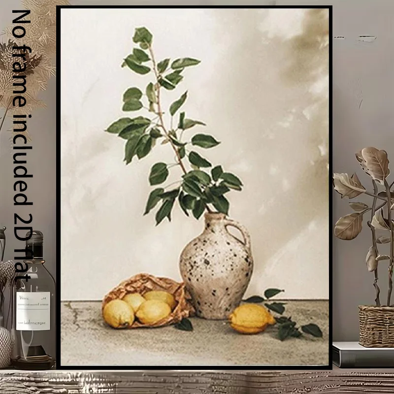 2D Flat, 2D Flat, [2D Flat] 1pc Decorative Canvas Painting Serene Time: Lemon And Green Leaves Bottle Scene Frameless Canvas