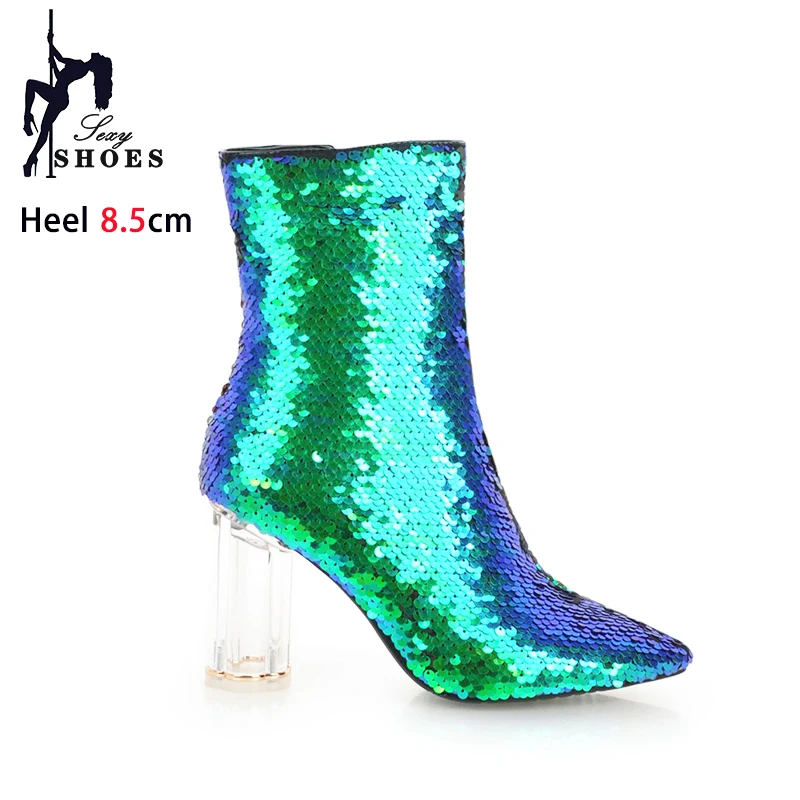 Women Boots Sequined BlingBling Chunk Heel Shoes 2023 Autumn Winter Pointed Crystal High Heels Gold Short Boots Feminim Booties