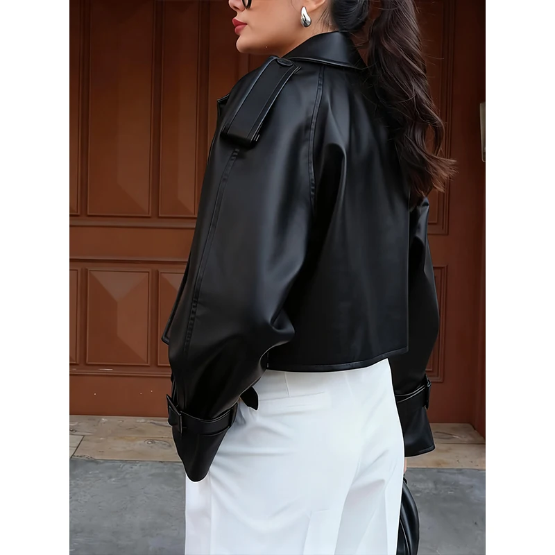 Retro Solid Color Lapel  Faux Leather Motorcycle Jacket Women Trendy Long Sleeve Coat 2025 New Autumn Winter High Street Outwear